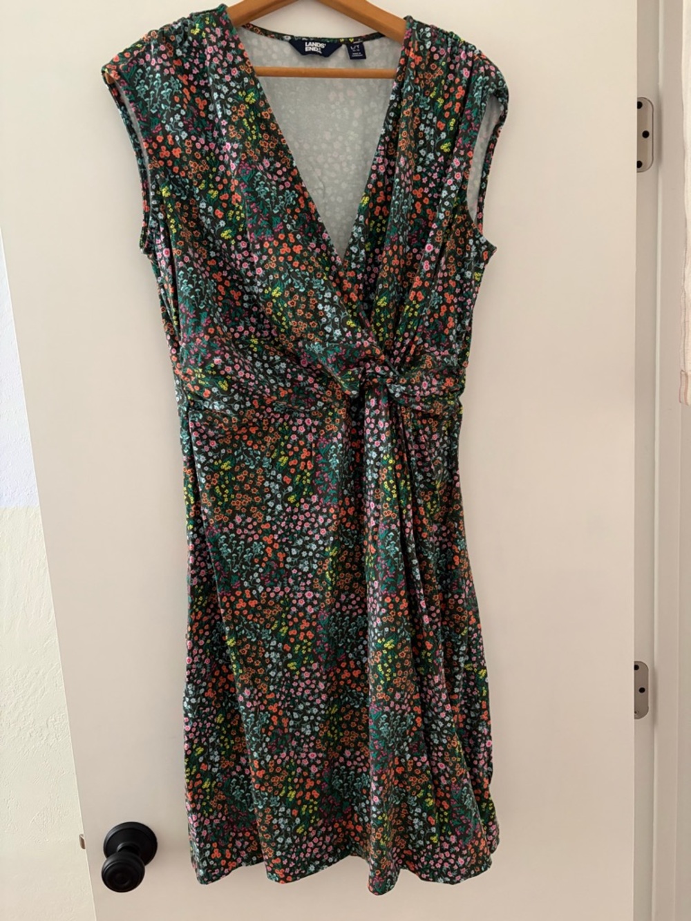 Lands' End Green Floral Twist-Front Midi Dress